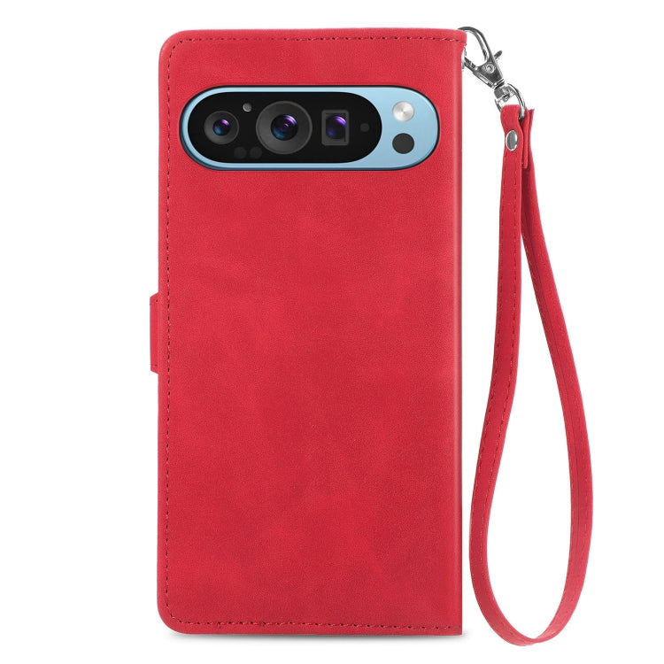 For Google Pixel 9 Embossed Flower Zipper Leather Phone Case(Red) - Google Cases by buy2fix | Online Shopping UK | buy2fix