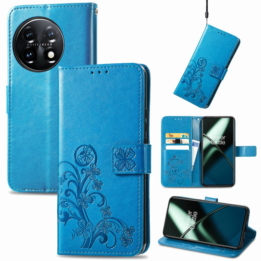 For OnePlus 11 Four-leaf Clasp Embossed Buckle Leather Phone Case(Blue) - OnePlus Cases by buy2fix | Online Shopping UK | buy2fix