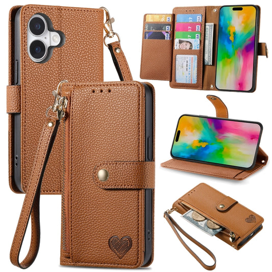 For iPhone 16 Plus Love Zipper Lanyard Leather Phone Case(Brown) - iPhone 16 Plus Cases by buy2fix | Online Shopping UK | buy2fix