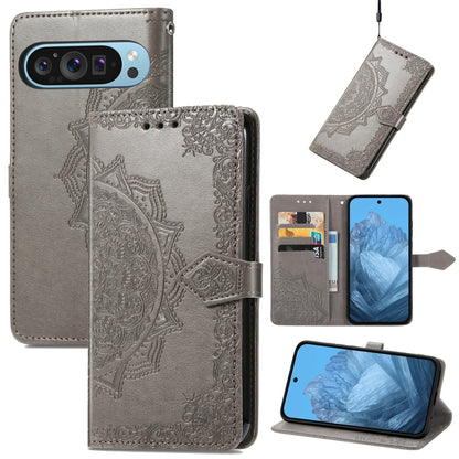 For Google Pixel 9 Mandala Flower Embossed Leather Phone Case(Gray) - Google Cases by buy2fix | Online Shopping UK | buy2fix