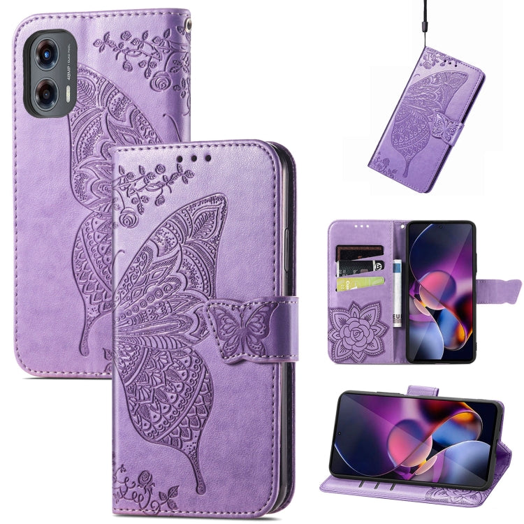 For Motorola Moto G Stylus 5G 2024 Butterfly Love Flower Embossed Leather Phone Case(Light Purple) - Motorola Cases by buy2fix | Online Shopping UK | buy2fix