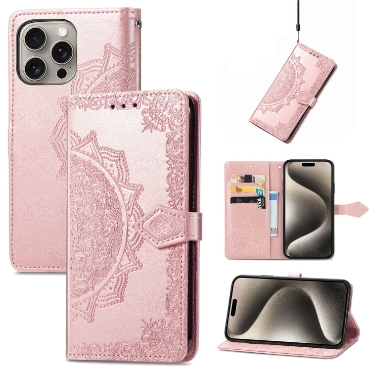 For iPhone 16 Mandala Flower Embossed Leather Phone Case(Rose Gold) - iPhone 16 Cases by buy2fix | Online Shopping UK | buy2fix