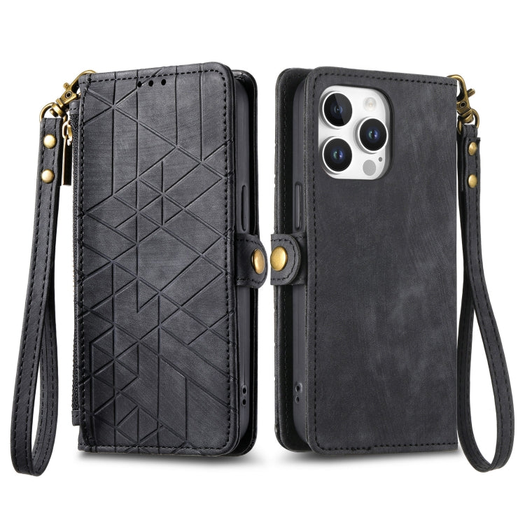 For iPhone 16 Pro Max Geometric Zipper Wallet Side Buckle Leather Phone Case(Black) - iPhone 16 Pro Max Cases by buy2fix | Online Shopping UK | buy2fix