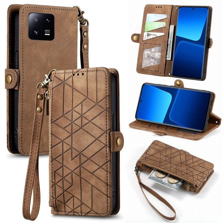 For Xiaomi 13 Pro Geometric Zipper Wallet Side Buckle Leather Phone Case(Brown) - 13 Pro Cases by buy2fix | Online Shopping UK | buy2fix