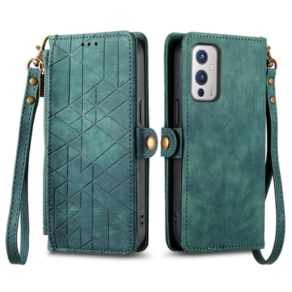 For OnePlus 11 Geometric Zipper Wallet Side Buckle Leather Phone Case(Green) - OnePlus Cases by buy2fix | Online Shopping UK | buy2fix