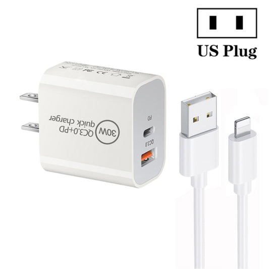 PD30W USB-C / Type-C + QC3.0 USB Dual Port Charger with 1m USB to 8 Pin Data Cable, US Plug - USB Charger by buy2fix | Online Shopping UK | buy2fix