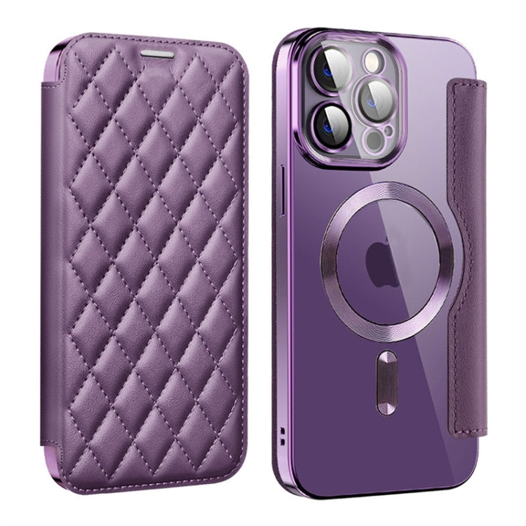 For iPhone 12 Pro Max Shield Magsafe RFID Anti-theft Rhombus Leather Phone Case(Purple) - iPhone 12 Pro Max Cases by buy2fix | Online Shopping UK | buy2fix