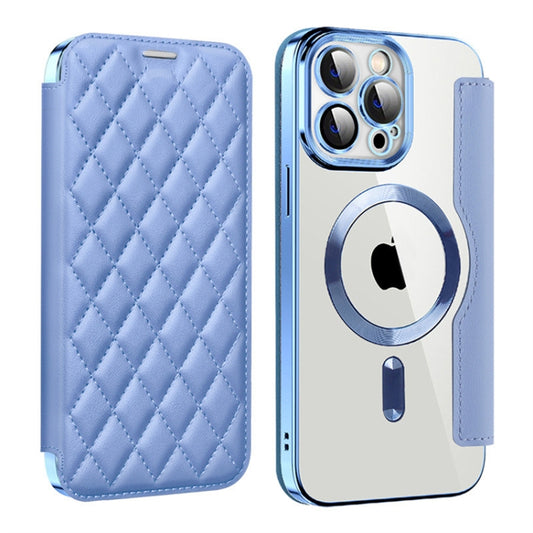 For iPhone 13 Pro Max Shield Magsafe RFID Anti-theft Rhombus Leather Phone Case(Blue) - iPhone 13 Pro Max Cases by buy2fix | Online Shopping UK | buy2fix