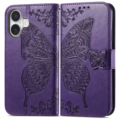 For iPhone 16 Butterfly Love Flower Embossed Leather Phone Case(Purple) - iPhone 16 Cases by buy2fix | Online Shopping UK | buy2fix