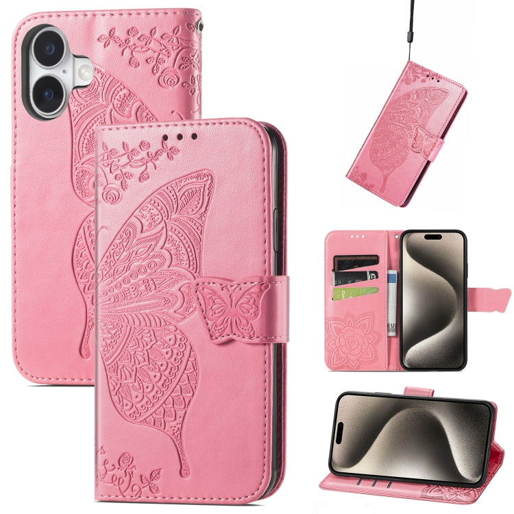 For iPhone 16 Plus Butterfly Love Flower Embossed Leather Phone Case(Pink) - iPhone 16 Plus Cases by buy2fix | Online Shopping UK | buy2fix