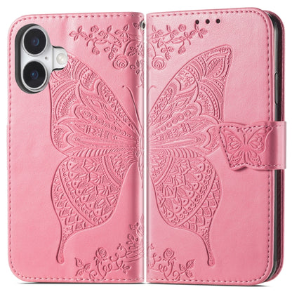 For iPhone 16 Plus Butterfly Love Flower Embossed Leather Phone Case(Pink) - iPhone 16 Plus Cases by buy2fix | Online Shopping UK | buy2fix