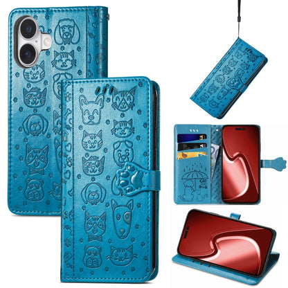 For iPhone 16 Plus Cat and Dog Embossed Leather Phone Case(Blue) - iPhone 16 Plus Cases by buy2fix | Online Shopping UK | buy2fix