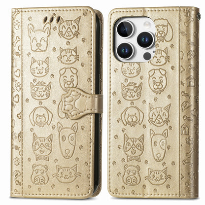 For iPhone 16 Pro Cat and Dog Embossed Leather Phone Case(Gold) - iPhone 16 Pro Cases by buy2fix | Online Shopping UK | buy2fix