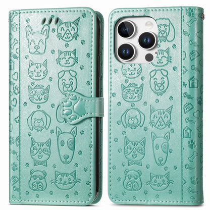 For iPhone 16 Pro Cat and Dog Embossed Leather Phone Case(Green) - iPhone 16 Pro Cases by buy2fix | Online Shopping UK | buy2fix