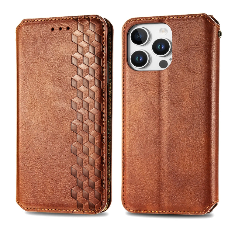 For iPhone 16 Pro Cubic Grid Pressed Magnetic Leather Phone Case(Brown) - iPhone 16 Pro Cases by buy2fix | Online Shopping UK | buy2fix