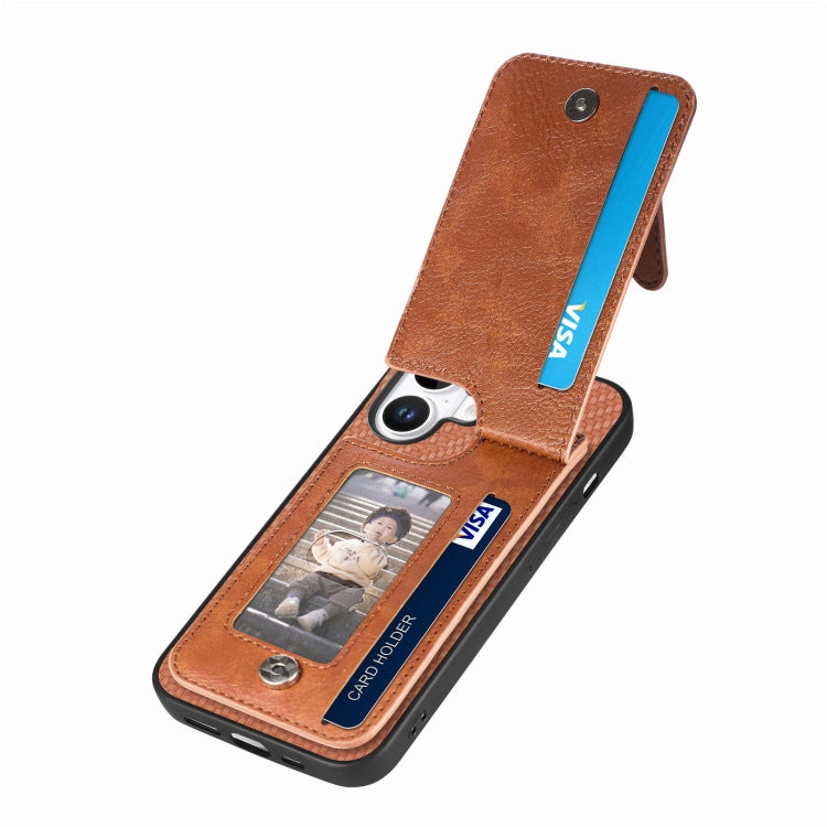 For iPhone 16 Carbon Fiber Vertical Flip Zipper Phone Case(Brown) - iPhone 16 Cases by buy2fix | Online Shopping UK | buy2fix