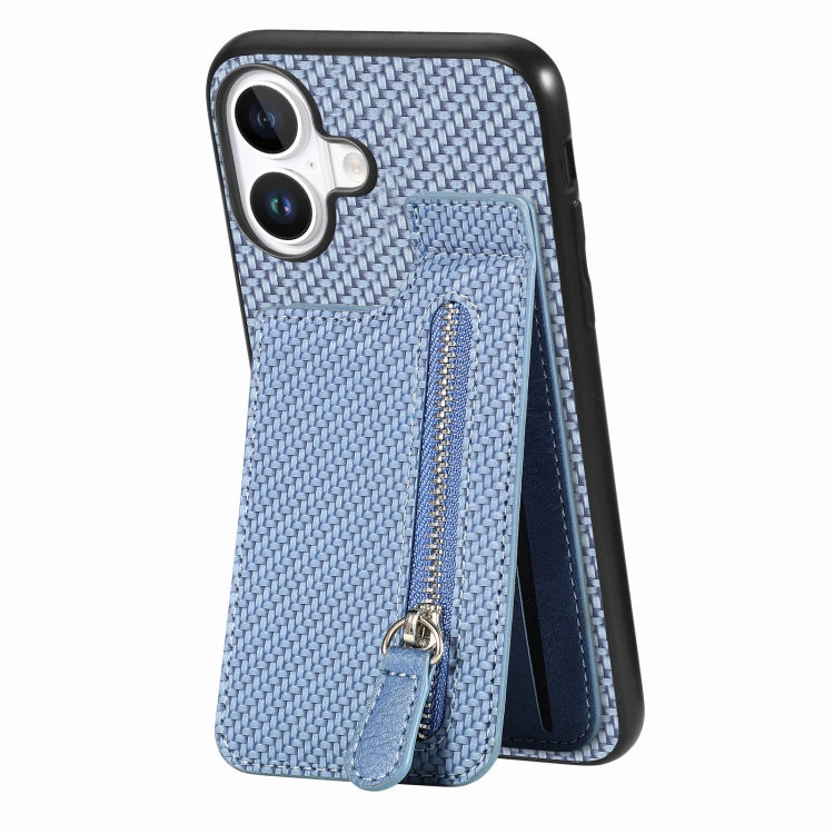 For iPhone 16 Plus Carbon Fiber Vertical Flip Zipper Phone Case(Blue) - iPhone 16 Plus Cases by buy2fix | Online Shopping UK | buy2fix