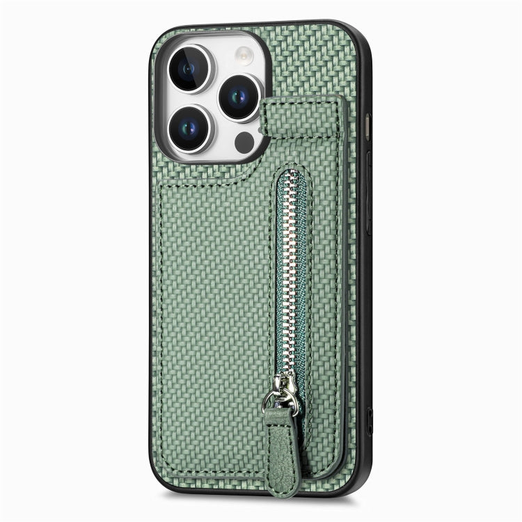 For iPhone 16 Pro Carbon Fiber Vertical Flip Zipper Phone Case(Green) - iPhone 16 Pro Cases by buy2fix | Online Shopping UK | buy2fix