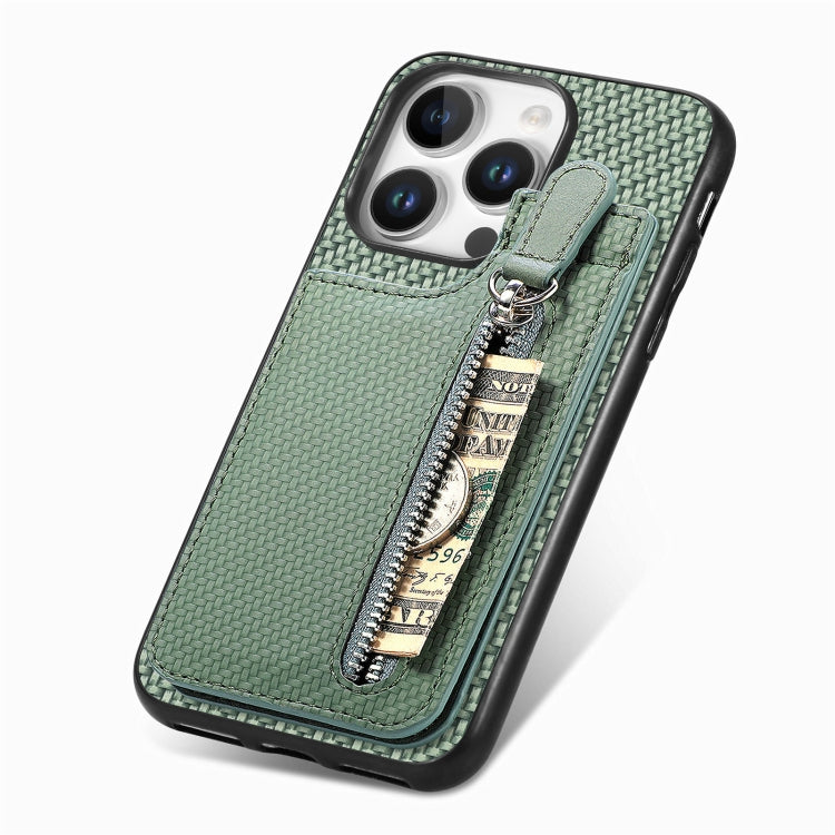 For iPhone 16 Pro Carbon Fiber Vertical Flip Zipper Phone Case(Green) - iPhone 16 Pro Cases by buy2fix | Online Shopping UK | buy2fix