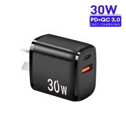 PD30W USB-C / Type-C + QC3.0 USB Dual Port Charger for iPhone 15 / iPad Series, AU Plug(Black) - USB Charger by buy2fix | Online Shopping UK | buy2fix