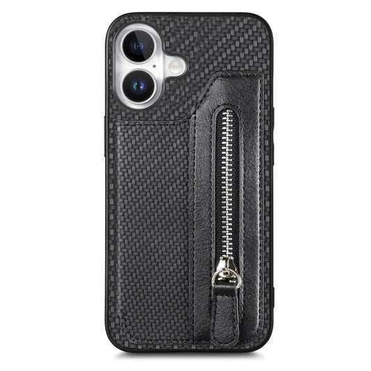 For iPhone 16 Carbon Fiber Horizontal Flip Zipper Wallet Phone Case(Black) - iPhone 16 Cases by buy2fix | Online Shopping UK | buy2fix