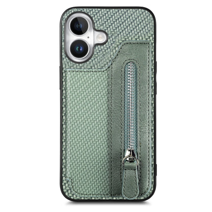 For iPhone 16 Carbon Fiber Horizontal Flip Zipper Wallet Phone Case(Green) - iPhone 16 Cases by buy2fix | Online Shopping UK | buy2fix