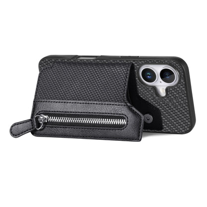 For iPhone 16 Plus Carbon Fiber Horizontal Flip Zipper Wallet Phone Case(Black) - iPhone 16 Plus Cases by buy2fix | Online Shopping UK | buy2fix