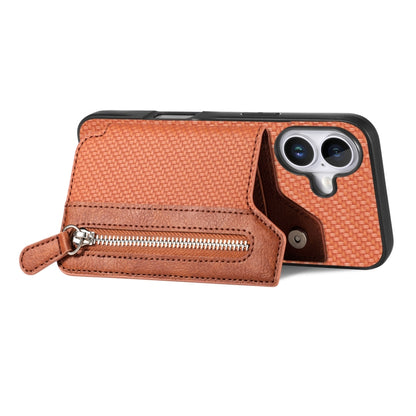 For iPhone 16 Plus Carbon Fiber Horizontal Flip Zipper Wallet Phone Case(Brown) - iPhone 16 Plus Cases by buy2fix | Online Shopping UK | buy2fix