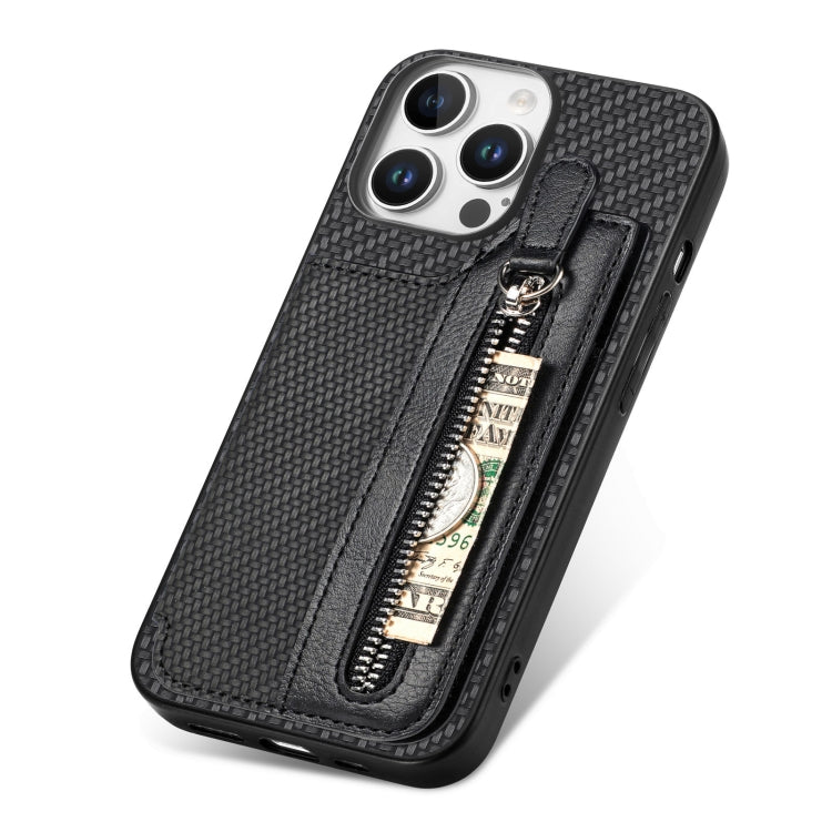 For iPhone 16 Pro Carbon Fiber Horizontal Flip Zipper Wallet Phone Case(Black) - iPhone 16 Pro Cases by buy2fix | Online Shopping UK | buy2fix