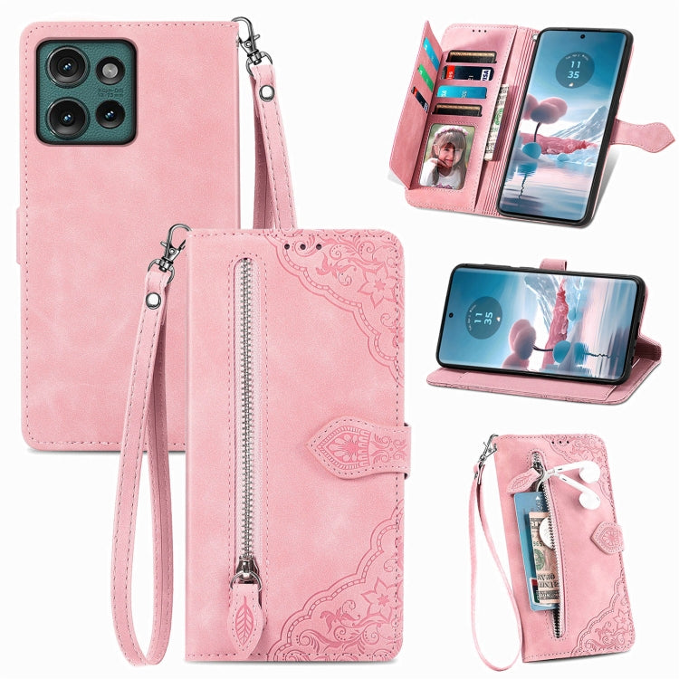 For Motorola Edge 2024 Embossed Flower Zipper Leather Phone Case(Pink) - Motorola Cases by buy2fix | Online Shopping UK | buy2fix