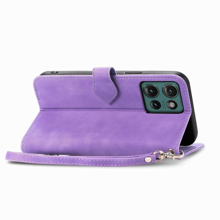 For Motorola Edge 2024 Embossed Flower Zipper Leather Phone Case(Purple) - Motorola Cases by buy2fix | Online Shopping UK | buy2fix