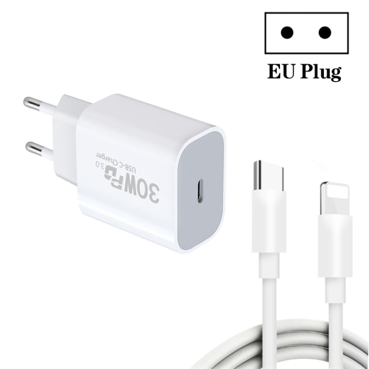 Single Port PD30W USB-C / Type-C Charger with Type-C to 8 Pin Data Cable EU Plug - USB Charger by buy2fix | Online Shopping UK | buy2fix