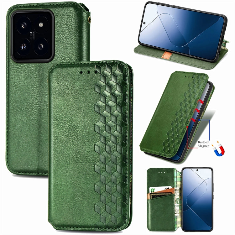 For Xiaomi 14 Pro Cubic Grid Pressed Magnetic Leather Phone Case(Green) - 14 Pro Cases by buy2fix | Online Shopping UK | buy2fix