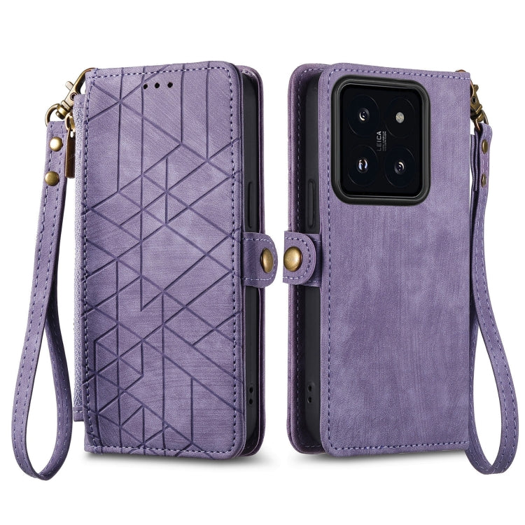 For Xiaomi 14 Pro Geometric Zipper Wallet Side Buckle Leather Phone Case(Purple) - 14 Pro Cases by buy2fix | Online Shopping UK | buy2fix