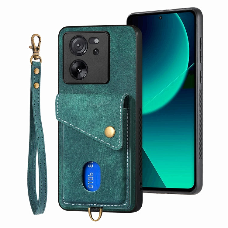 For Xiaomi 13T / 13T Pro Retro Card Wallet Fold Leather Phone Case with Strap(Green) - Xiaomi Cases by buy2fix | Online Shopping UK | buy2fix