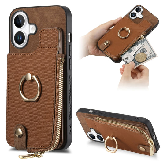 For iPhone 16 Cross Leather Ring Vertical Zipper Wallet Back Phone Case(Brown) - iPhone 16 Cases by buy2fix | Online Shopping UK | buy2fix