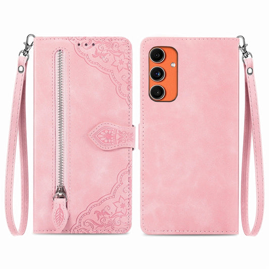 For Samsung Galaxy C55 Embossed Flower Zipper Leather Phone Case(Pink) - Galaxy Phone Cases by buy2fix | Online Shopping UK | buy2fix