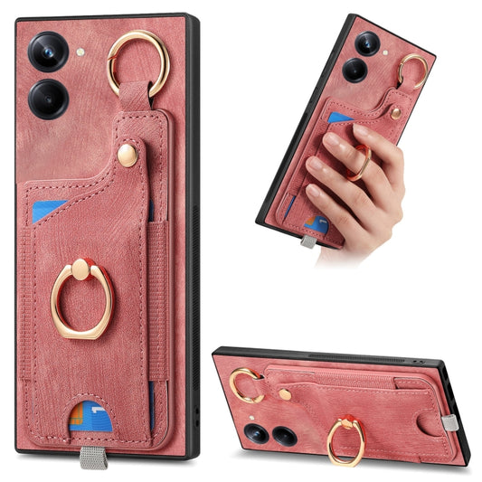 For Realme 10 Pro Retro Skin-feel Ring Card Bag Phone Case with Hang Loop(Pink) - Realme Cases by buy2fix | Online Shopping UK | buy2fix