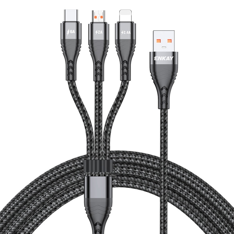 ENKAY 3-in-1 6A USB to Type-C / 8 Pin / Micro USB Multifunction Fast Charging Cable, Cable Length:2m(Black) - Multifunction Cable by ENKAY | Online Shopping UK | buy2fix