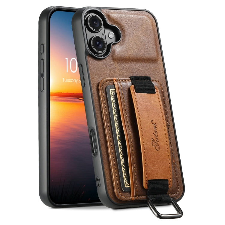 For iPhone 16 Plus Suteni H13 Card Wallet Wrist Strap Holder PU Phone Case(Brown) - iPhone 16 Plus Cases by Suteni | Online Shopping UK | buy2fix