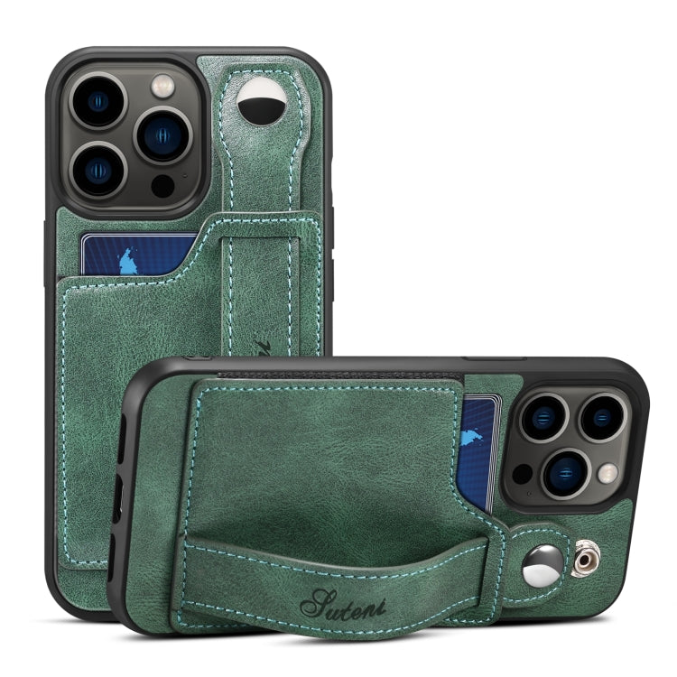 For iPhone 15 Pro Max SUTENI H12 Wrist Strap Leather Back Phone Case with Card Slot(Green) - iPhone 15 Pro Max Cases by Suteni | Online Shopping UK | buy2fix