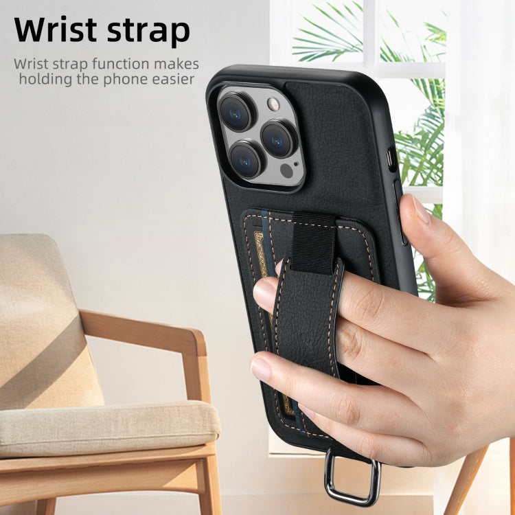 For iPhone 16 Plus Suteni H13 Litchi Leather Wrist Strap Wallet Back Phone Case(Black) - iPhone 16 Plus Cases by Suteni | Online Shopping UK | buy2fix