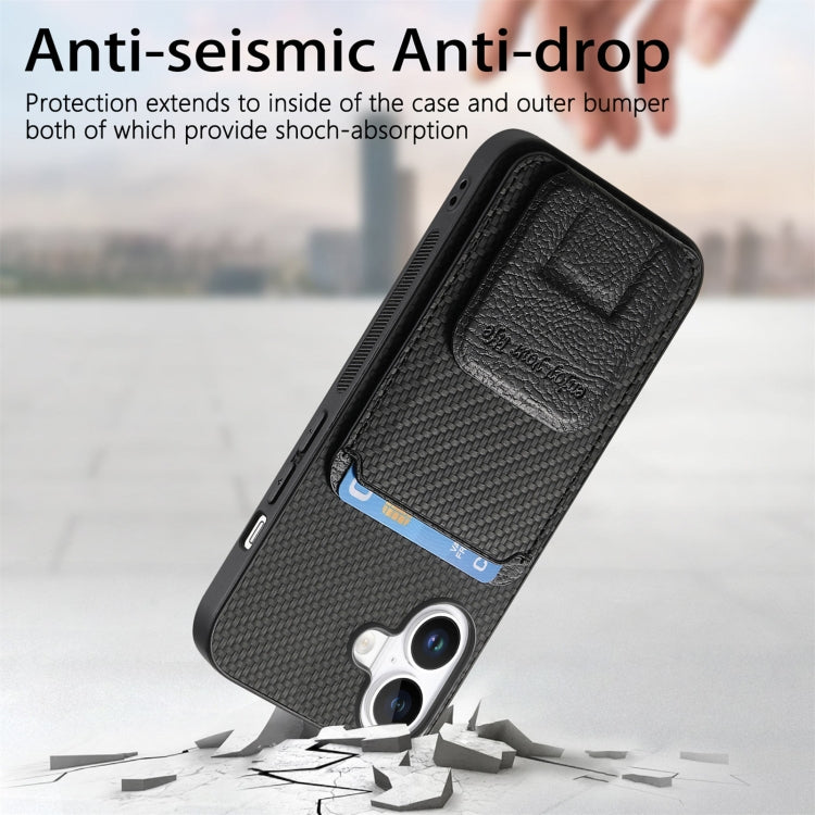 For iPhone 16 Carbon Fiber Card Bag Fold Stand Phone Case(Black) - iPhone 16 Cases by buy2fix | Online Shopping UK | buy2fix