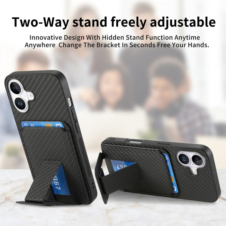 For iPhone 16 Carbon Fiber Card Bag Fold Stand Phone Case(Black) - iPhone 16 Cases by buy2fix | Online Shopping UK | buy2fix