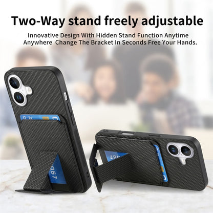 For iPhone 16 Plus Carbon Fiber Card Bag Fold Stand Phone Case(Black) - iPhone 16 Plus Cases by buy2fix | Online Shopping UK | buy2fix