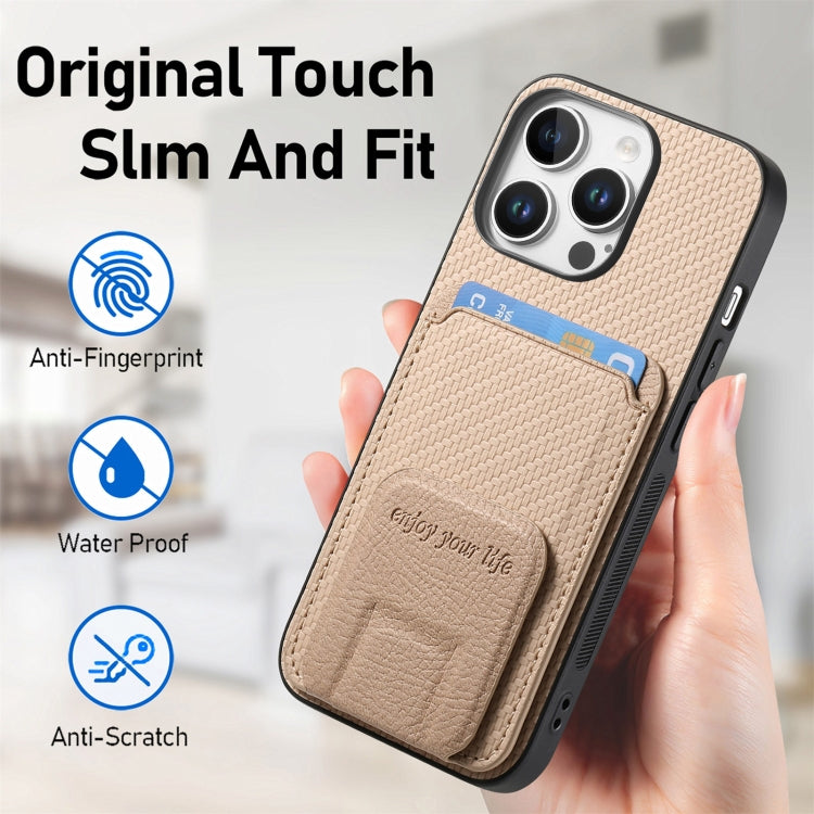 For iPhone 16 Pro Carbon Fiber Card Bag Fold Stand Phone Case(Khaki) - iPhone 16 Pro Cases by buy2fix | Online Shopping UK | buy2fix