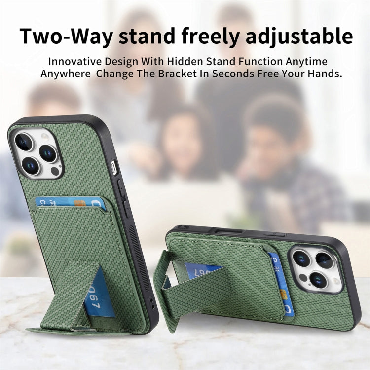 For iPhone 16 Pro Carbon Fiber Card Bag Fold Stand Phone Case(Green) - iPhone 16 Pro Cases by buy2fix | Online Shopping UK | buy2fix