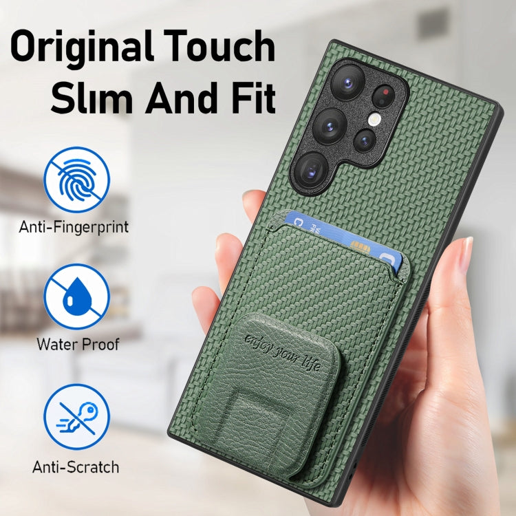 For Samsung Galaxy S23 Ultra 5G Carbon Fiber Card Bag Fold Stand Phone Case(Green) - Galaxy S23 Ultra 5G Cases by buy2fix | Online Shopping UK | buy2fix