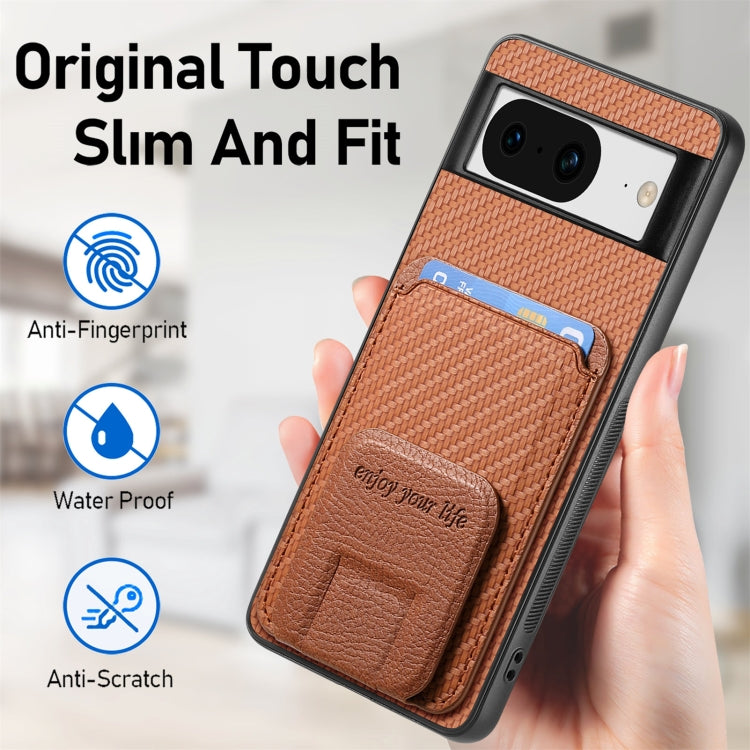 For Google Pixel 6 Pro Carbon Fiber Card Bag Fold Stand Phone Case(Brown) - Google Cases by buy2fix | Online Shopping UK | buy2fix