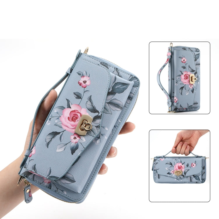 For iPhone 15 Plus MagSafe Flower Multi-functional Crossbody Zipper Wallet Leather Phone Case(Blue) - iPhone 15 Plus Cases by buy2fix | Online Shopping UK | buy2fix